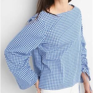 Gap Womens Small Blue/White Gingham Plaid Boatneck Ruched 3/4 Sleeve Blouse Y2K